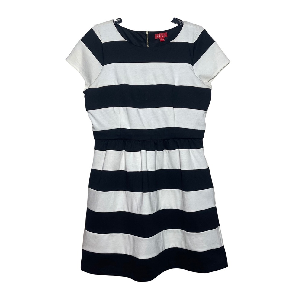 ELLE Black White Striped Fit & Flare Dress Pockets Size 16 Short Sleeve Zip Back